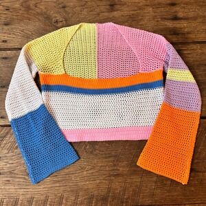 Y2k Style Neon Crochet Knit Cropped Sweater Long Sleeve Top Color Block Retro